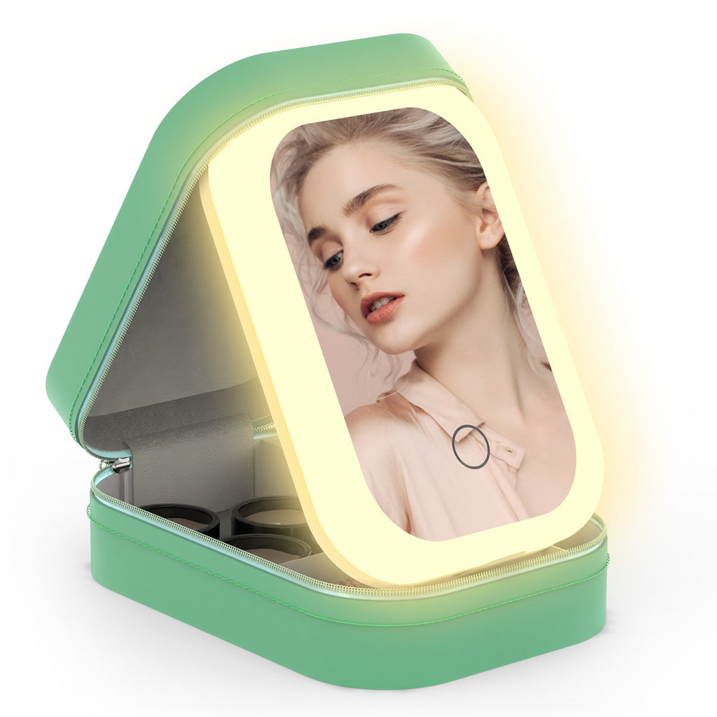 Portable Travel Makeup Bag With LED Mirror Rechargeable Beauty Mirror With 3 Color Light Dimmable Brightness Waterproof Cosmetic Bag With 4 Compartmen